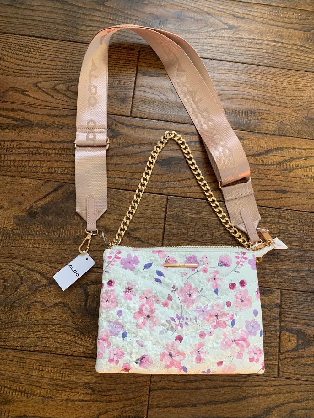 ALDO Pink Floral Crossbody Bag with Gold Chain